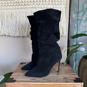 IRO The Stevie Gathered Slouch Black Suede Leather Heeled Boho Boots Size 38 / 7